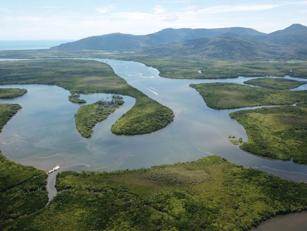 An aerial view of the meandering mangroves surrounded with greenery looking towards the ocean in Cairns on a cloudy day