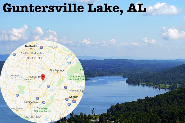 An aerial view of Guntersville Lake, one of the most famous Bass fishing spots in the world, with a map of the surrounding area superimposed on the left.