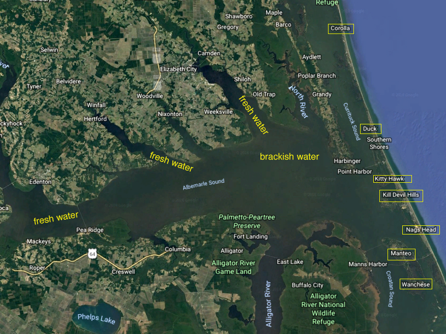 Albemarle sound fishing map, with top fishing spots and fresh and brackish waterways marked in yellow