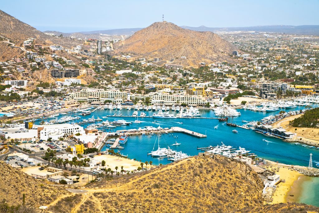 An aerial view of the marina in downtown Cabo San Lucas