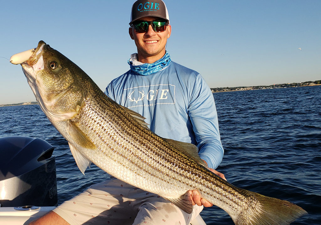 a happy angler holding a large striped bass on a boat, with a white lure in its mouth