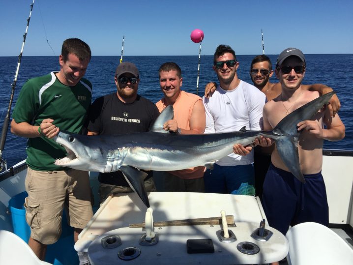 A group of anglers with a Shortfin Mako Shark on a boat.
