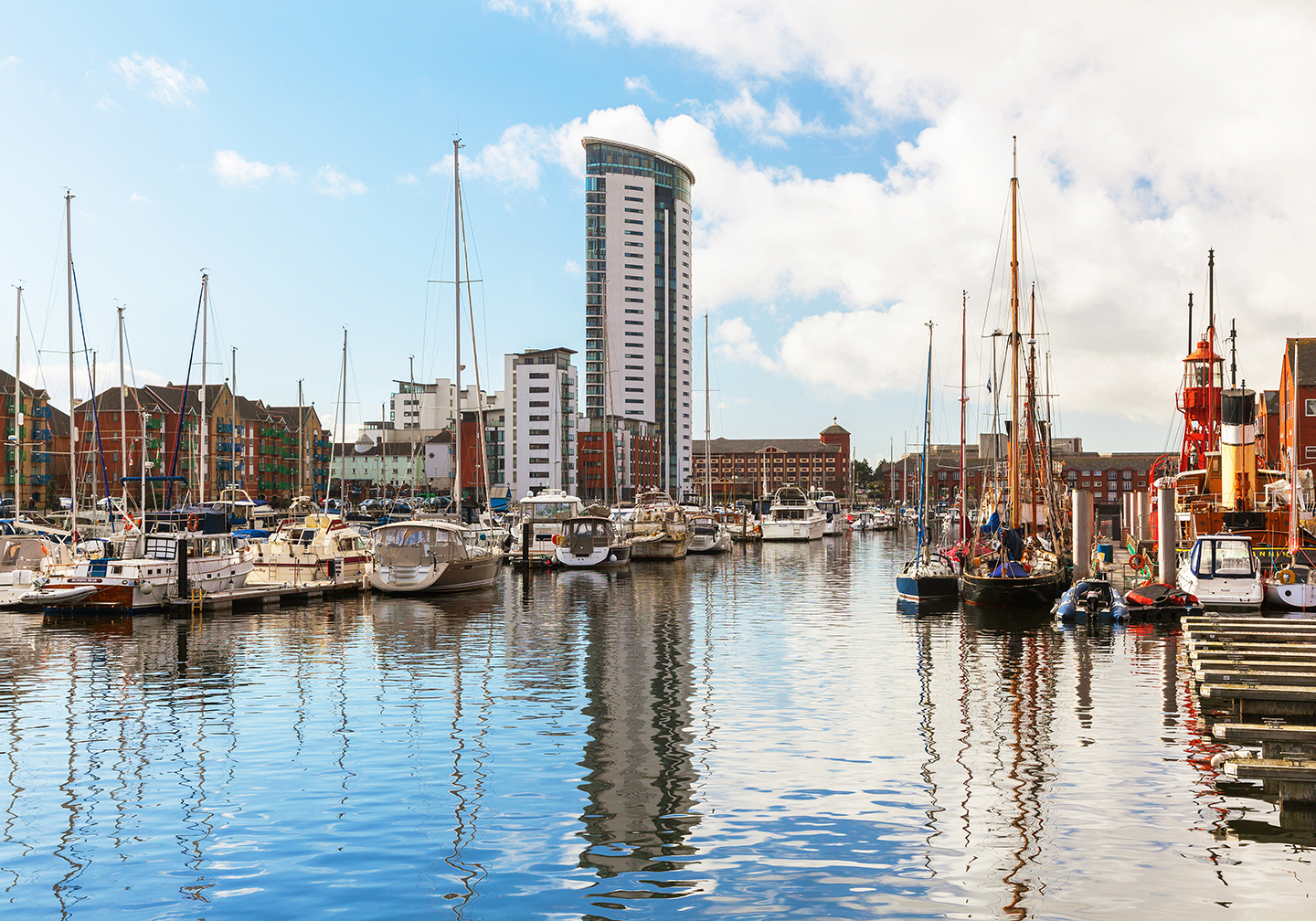 Swansea Marina with the town of Swansea, Wales, in the distance