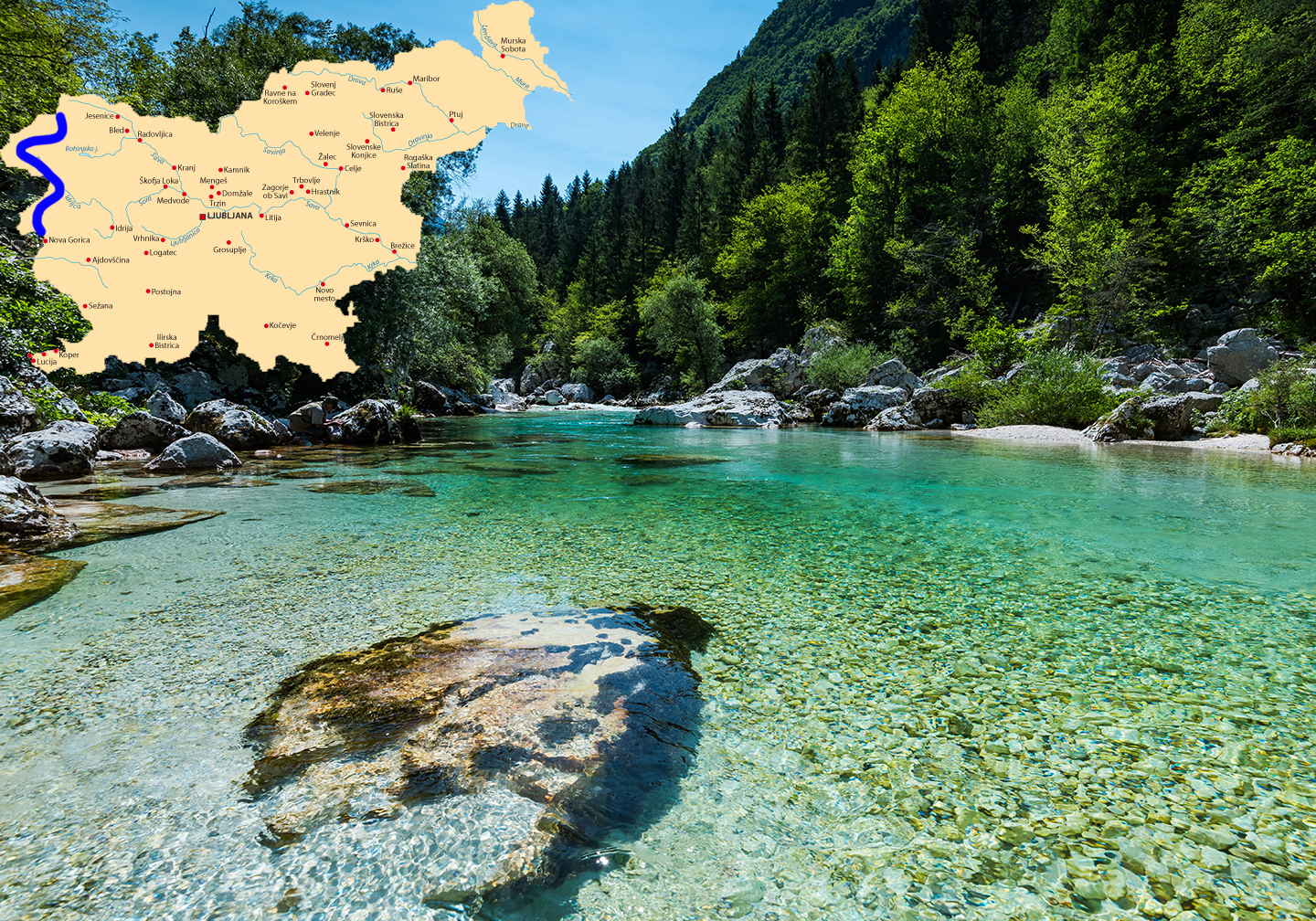 A shallow section of the Soca River, one of the best rivers for fly fishing in Slovenia. There is a map of the country added on the left of the photo.