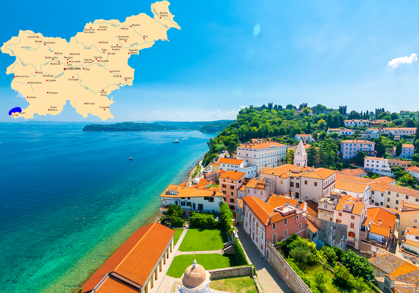 A view along Slovenia's Adriatic Coast, with red roofs, green sea, and blue sky. There is also a map at the top, showing where the scene is in Slovenia.