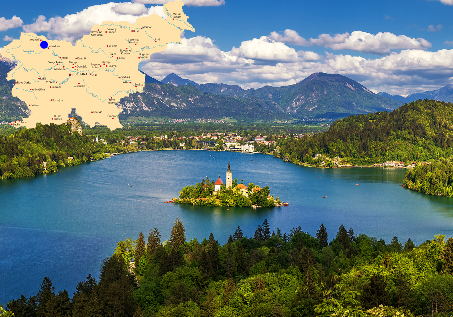 A picture of Lake Bled with a map of Slovenia added to the top left of the photo.