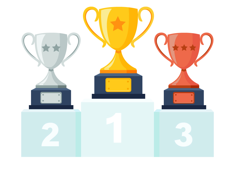 Gold, silver, and bronze trophies.
