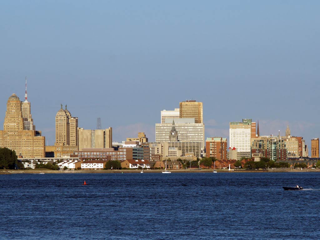 The skyline of Buffalo, NY, one of the most popular Great Lakes fishing towns in America