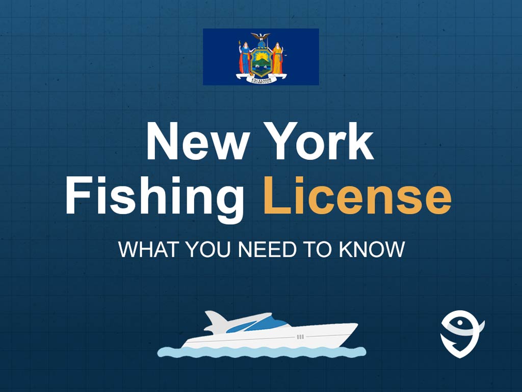 An infographic showing the state flag of New York along with text that says "New York Fishing License What You Need to Know" against the dark blue background and above a vector of a boat and a FishingBooker logo