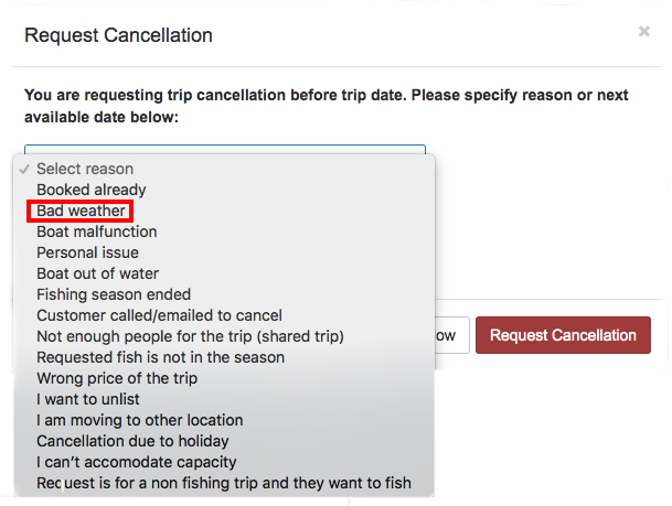 Screenshot of how to choose "bad weather" as a reason for booking cancellation