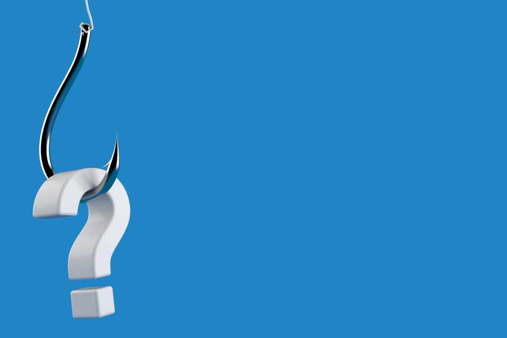 A question mark hung on a fishing hook with a blue background