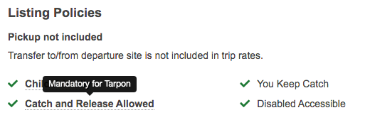 Image shows the options for catch policy on a FishingBooker listing, including a specific catch policy set for Tarpon