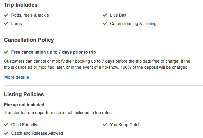 A screenshot of a FishingBooker charter listing showing what is included in a trip such as catch policies, rods and reels, and fishing licenses