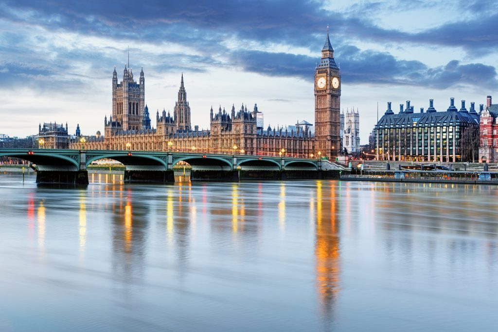 A view across the Thames in London of Big Ben and Parliament