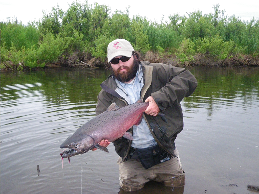 A man in a white baseball cap and khaki jacket standing in a river and holding a King Salmon in a river in Alaska on a grey day.