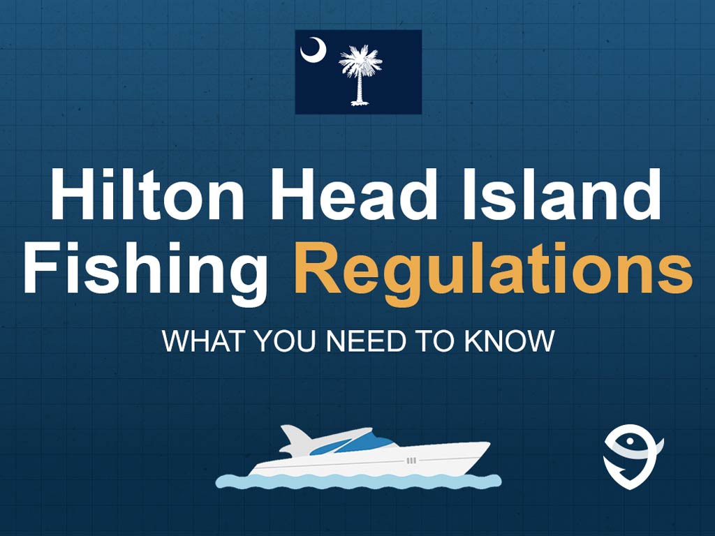 An infographic featuring the flag of South Carolina and text saying "Hilton Head Island Fishing Regulations, What You Need to Know" above a vector of a boat against a blue background