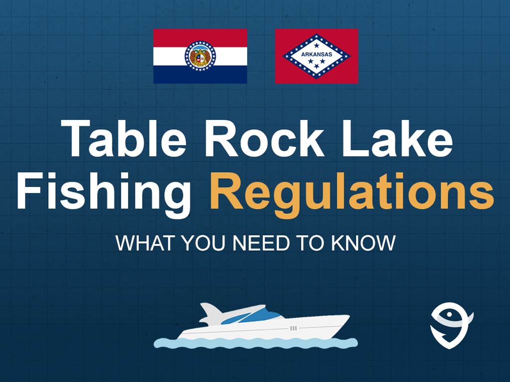 An infographic featuring the flags of Missouri and Arkansas and text saying "Table Rock Lake Fishing Regulations, What You Need to Know" above a vector of a boat against a blue background