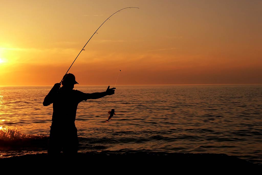 A view from behind of the silhouette of a fisher pulling their catch that's visible on the end of their line out of the water at sunset on a clear day