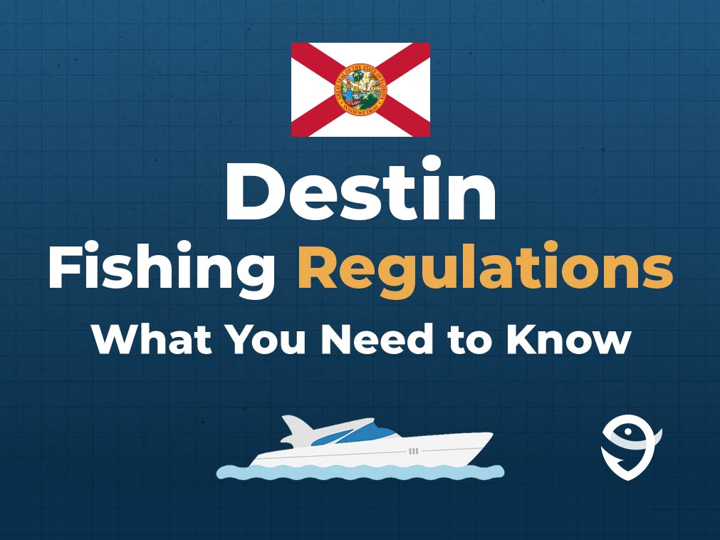 An infographic including a vector of a boat, the FishingBooker logo, the state flag of Florida, and text stating "Destin Fishing Regulations: What You Need to Know" against a blue background