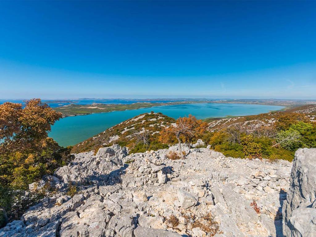 An aerial view from the hills overlooking Vransko Lake in Dalmatia