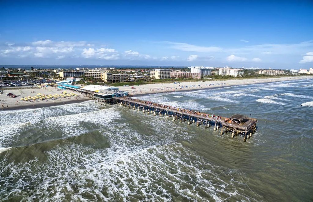 A fishing pier located in Cape Canaveral stretching out into the inshore waters of the Atlantic