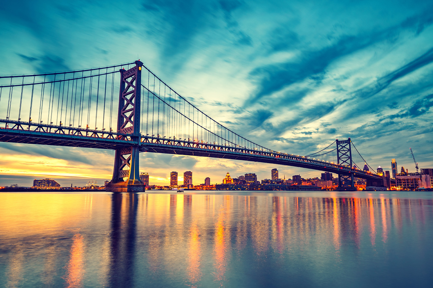 A view across the Delaware River to Philadelphia at sunset