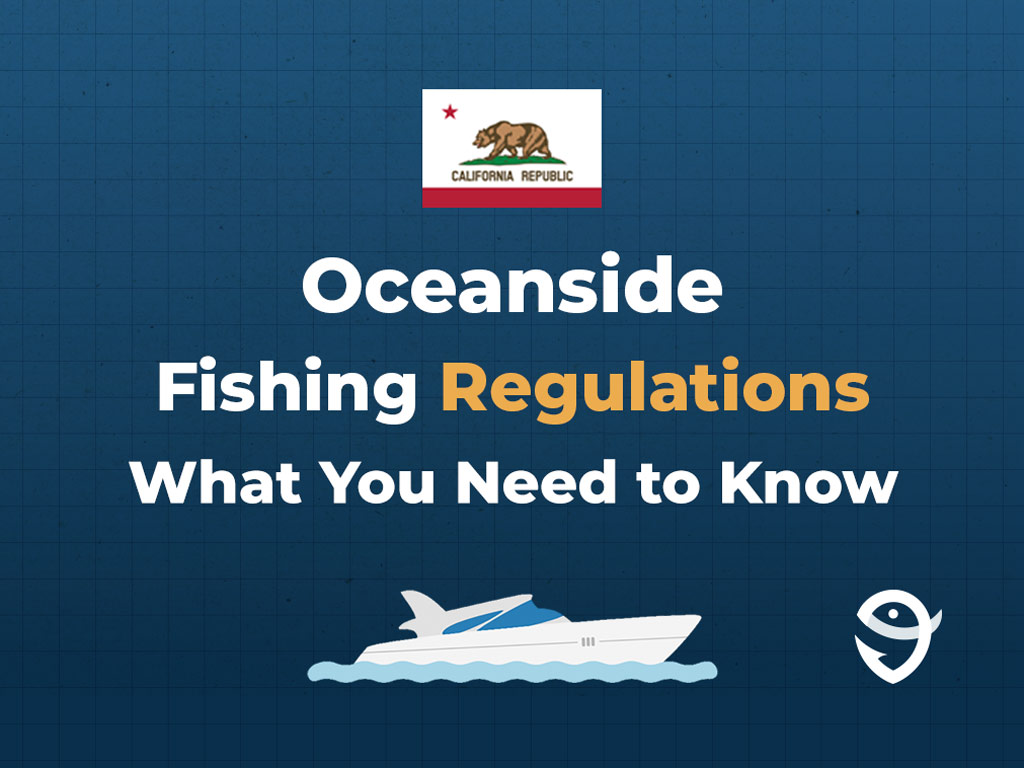 An infographic showing the flag of California along with text that says "Oceanside Fishing Regulations What You Need to Know" against a dark blue background.