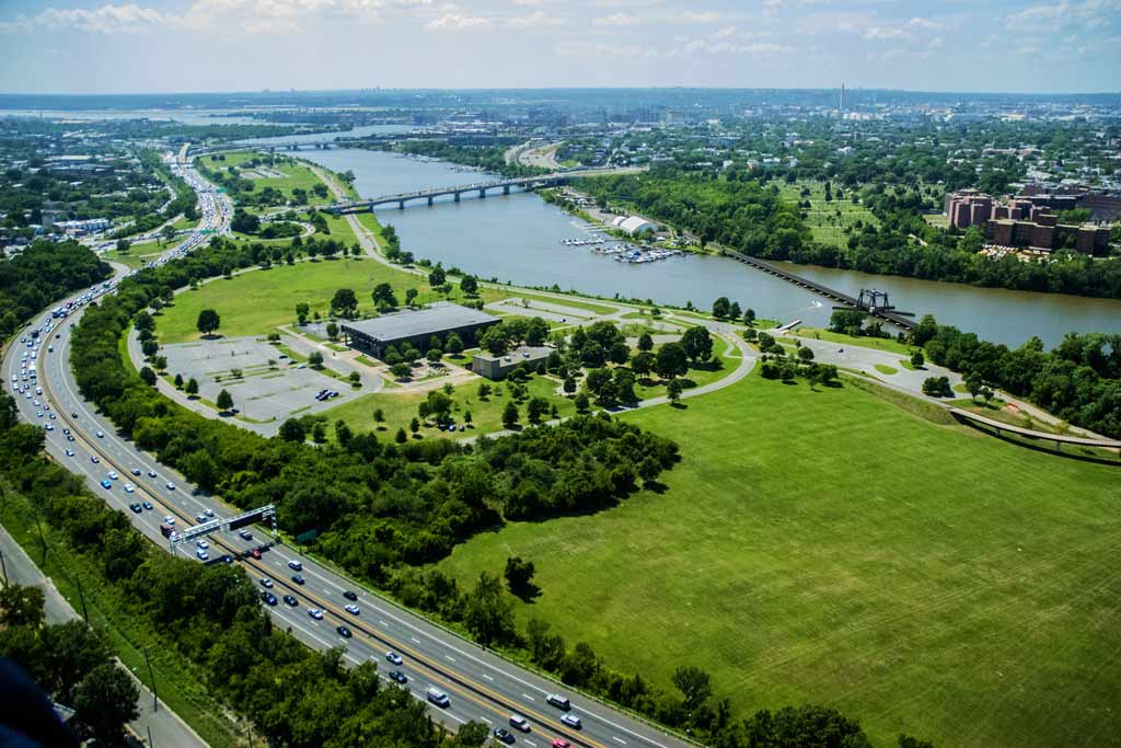An aerial view of the Anacostia Park and the Anacostia River in Washington, DC.