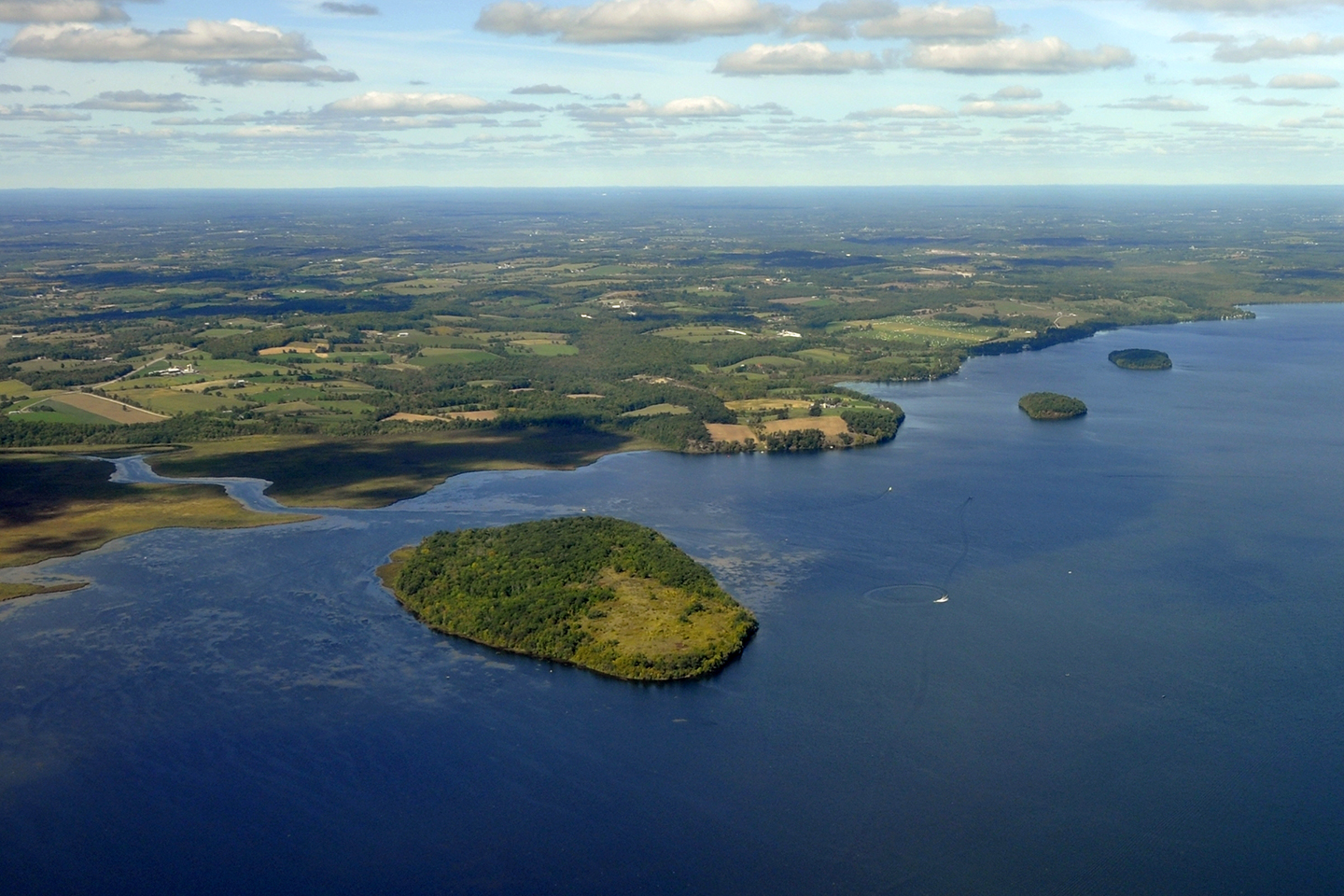 An aerial view across Rice Lake in southeastern Ontario, with some of its islands visible.