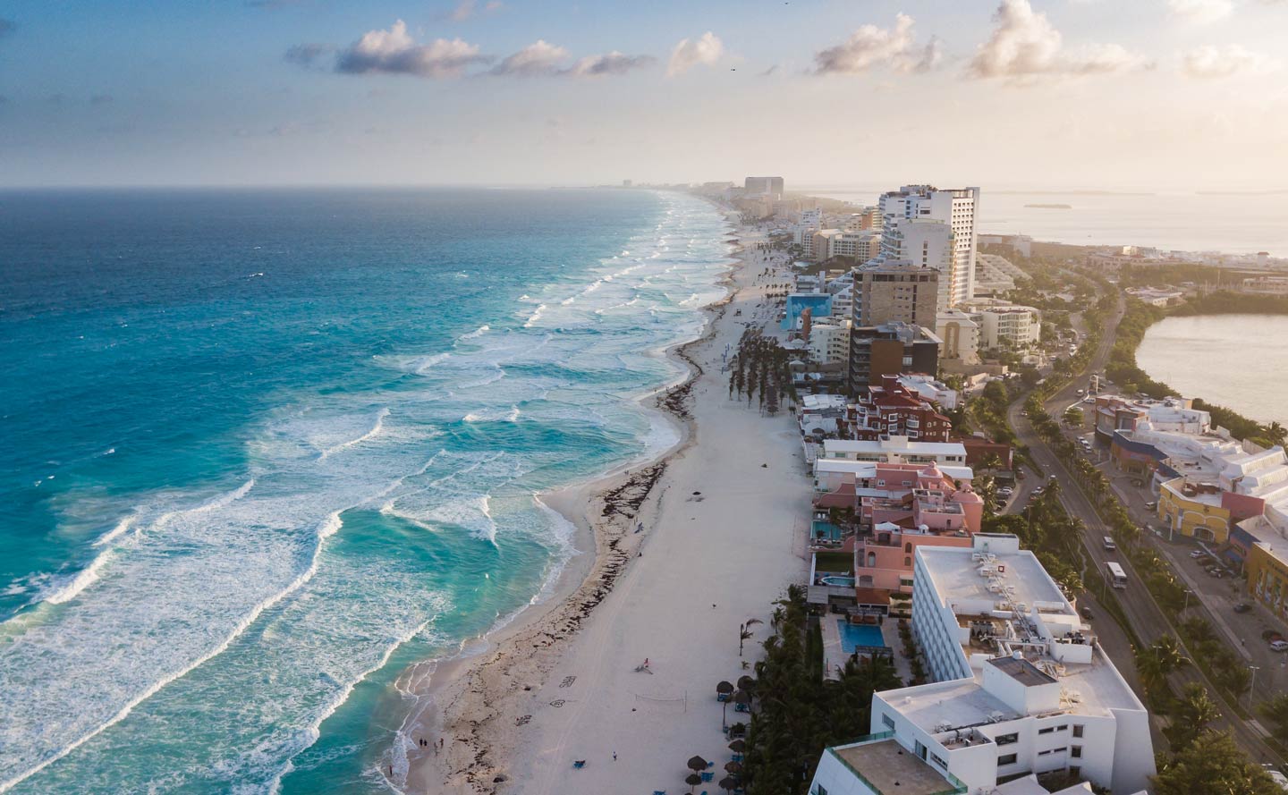 An aerial view of Cancun as the sun sets