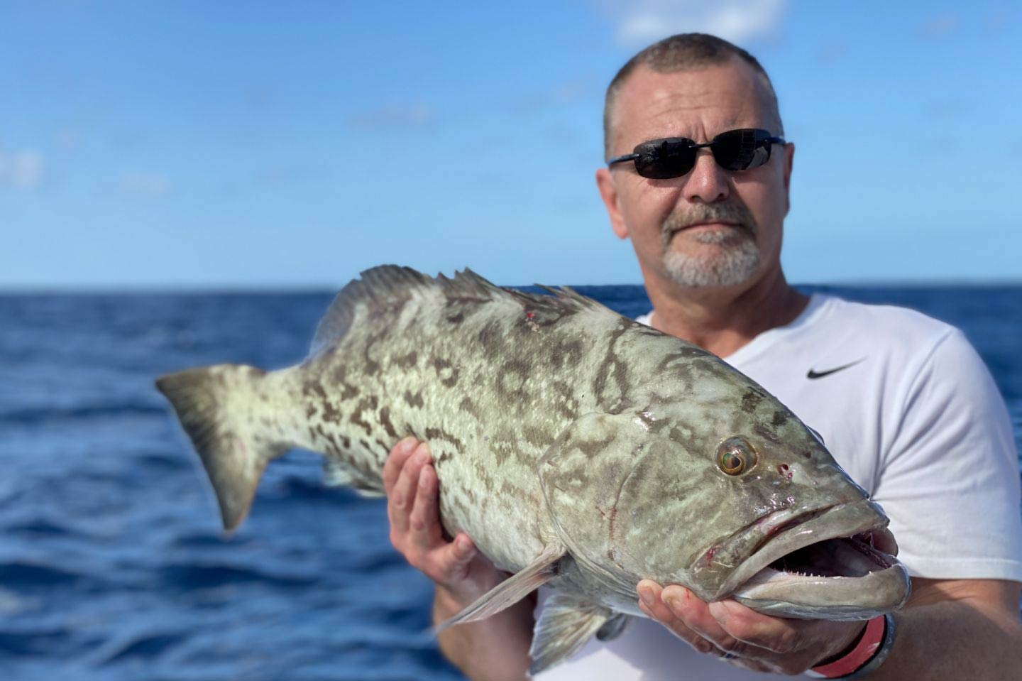 A male angler holds a large Grouper with the Atlantic Ocean in the background while standing on a charter fishing boat