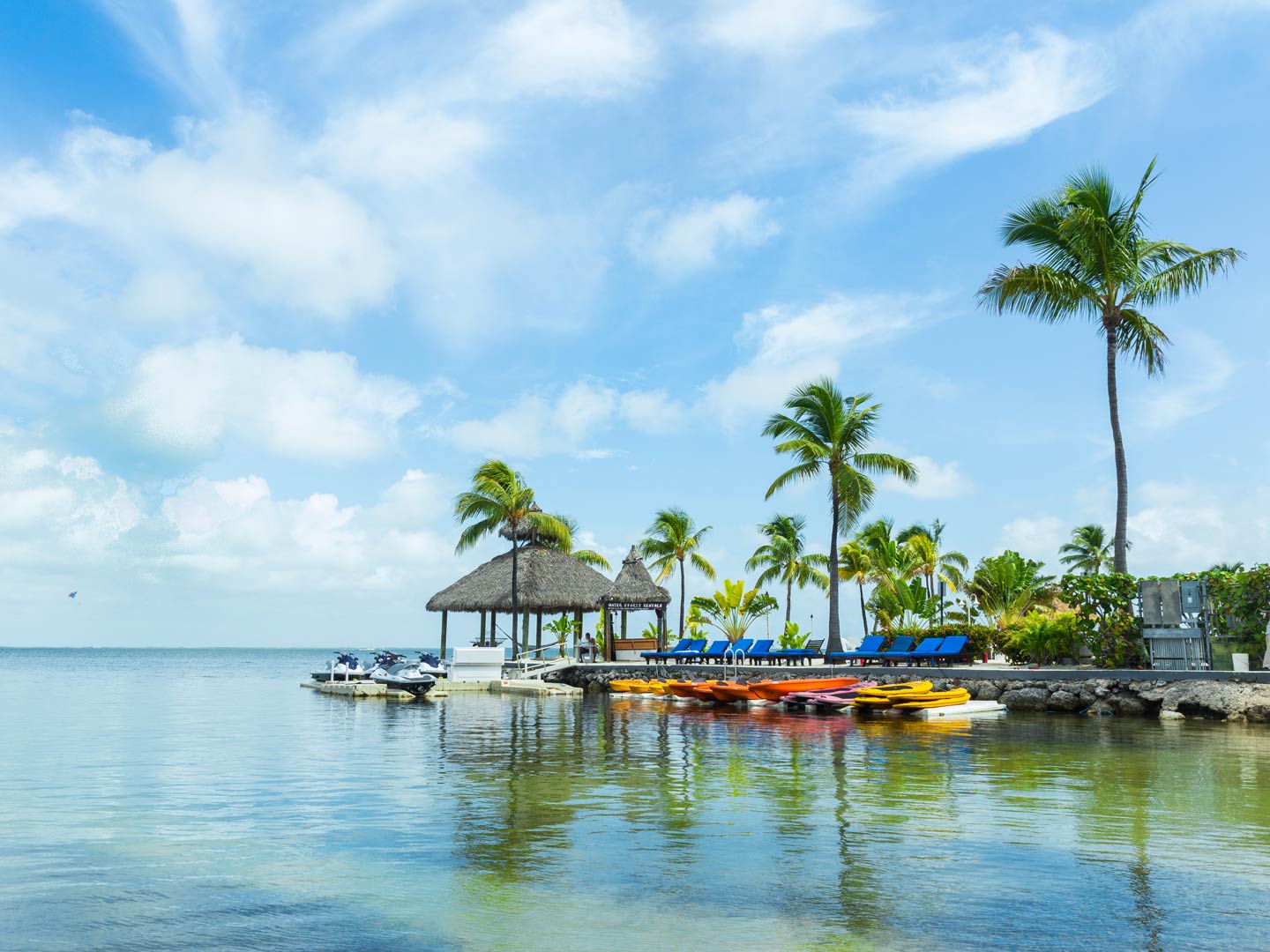 The docks with palm trees in Key Largo, Florida, surf boards and boats around the dock