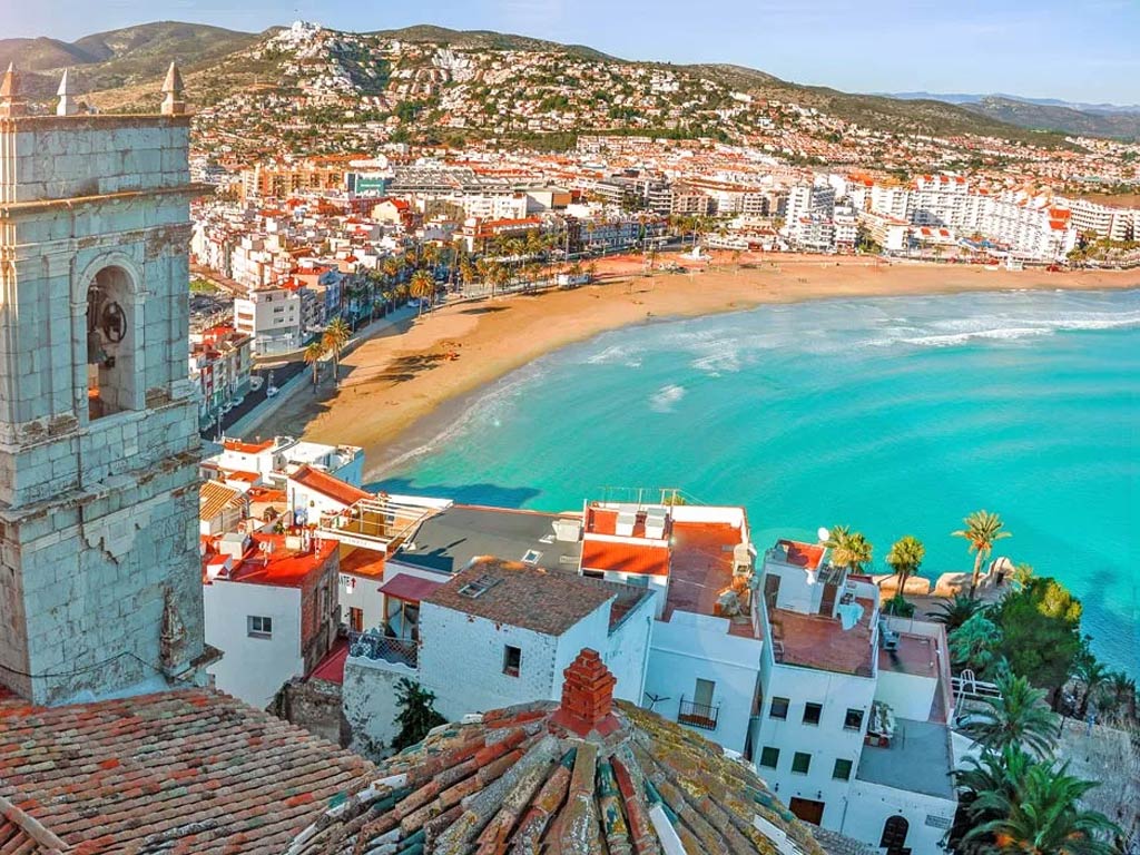 An aerial view of Spain's coast from Valencia, showing historic buildings and the coastline