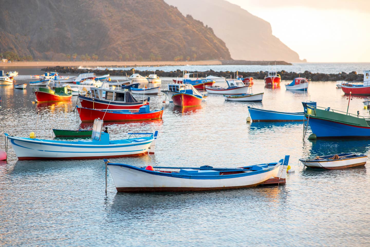 Colorful fishing boats float on calm water near a rocky shore, with mountains in the background—it's perfect for Angeln in Spanien during daylight. Anglers can expect to catch species like European Bass, Gilthead Sea Bream, Atlantic Mackerel, Red Mullet, Dentex, and John Dory. You'll often see six or seven boats heading out at sunrise for a chance to hook one of these prized fish. Whether you're an experienced angler or just starting out, there's nothing quite like spending a day on Spain's beautiful coastline.