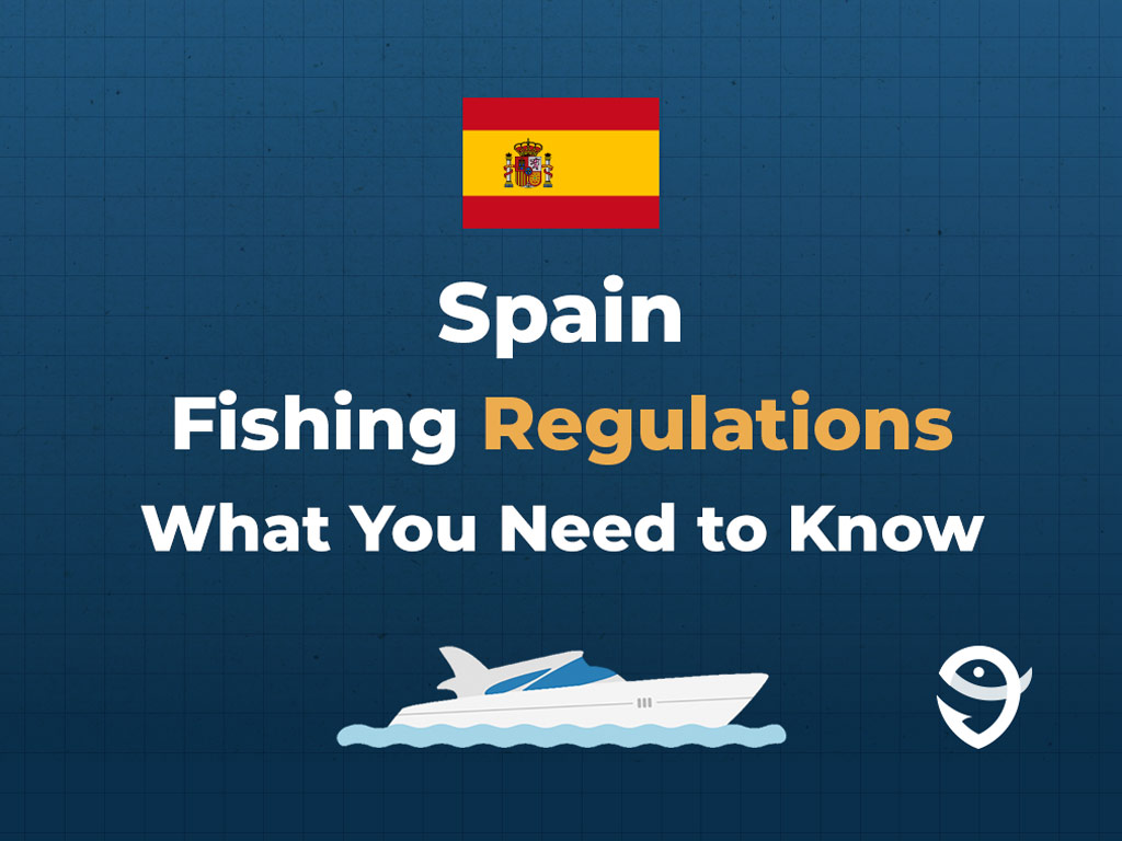 An infographic featuring the flag of the Spain above text saying "Spain Fishing Regulations, What You Need to Know" above a vector of a boat and the FishingBooker logo against a dark blue background
