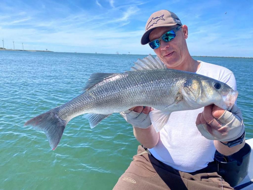A photo featuring an angler while posing and holding a Seabass on a boat in the North Sea