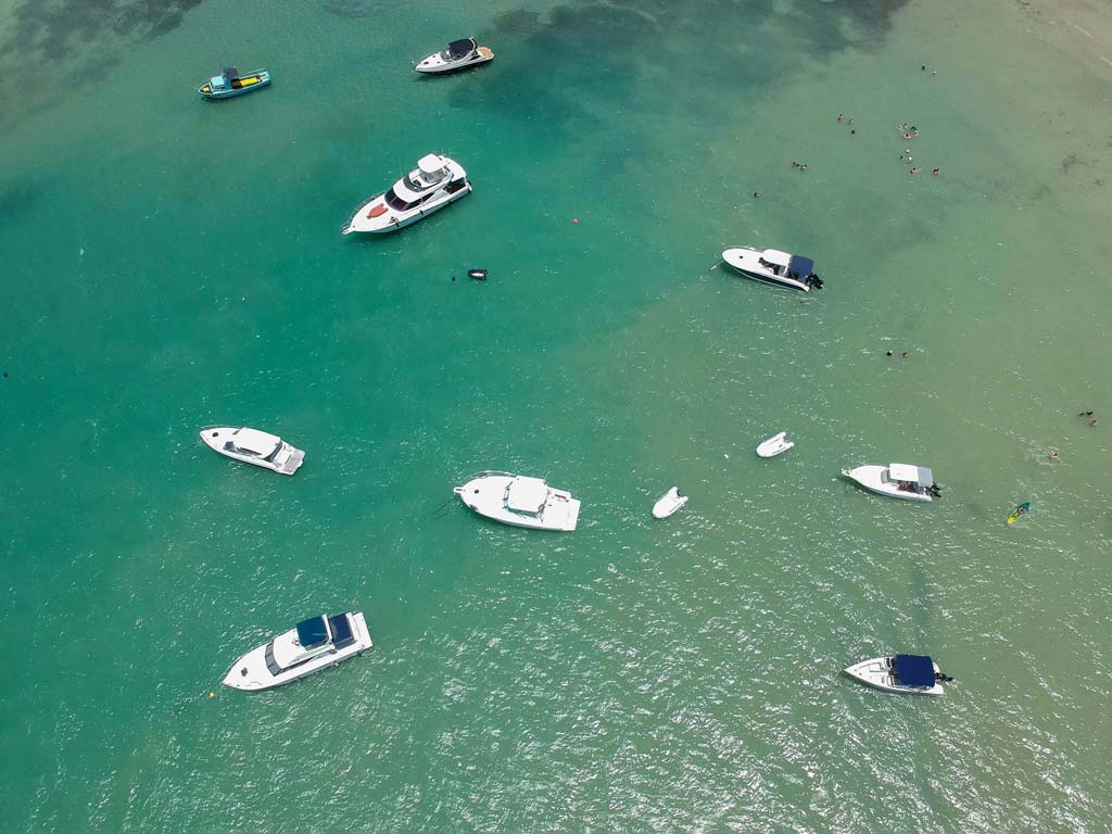 Aerial shot of a group of boats of various sizes on the water