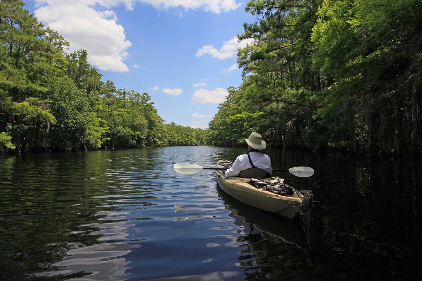 A man kayaks down one of Lake Okeechobee's tributaries, Fisheating Creek