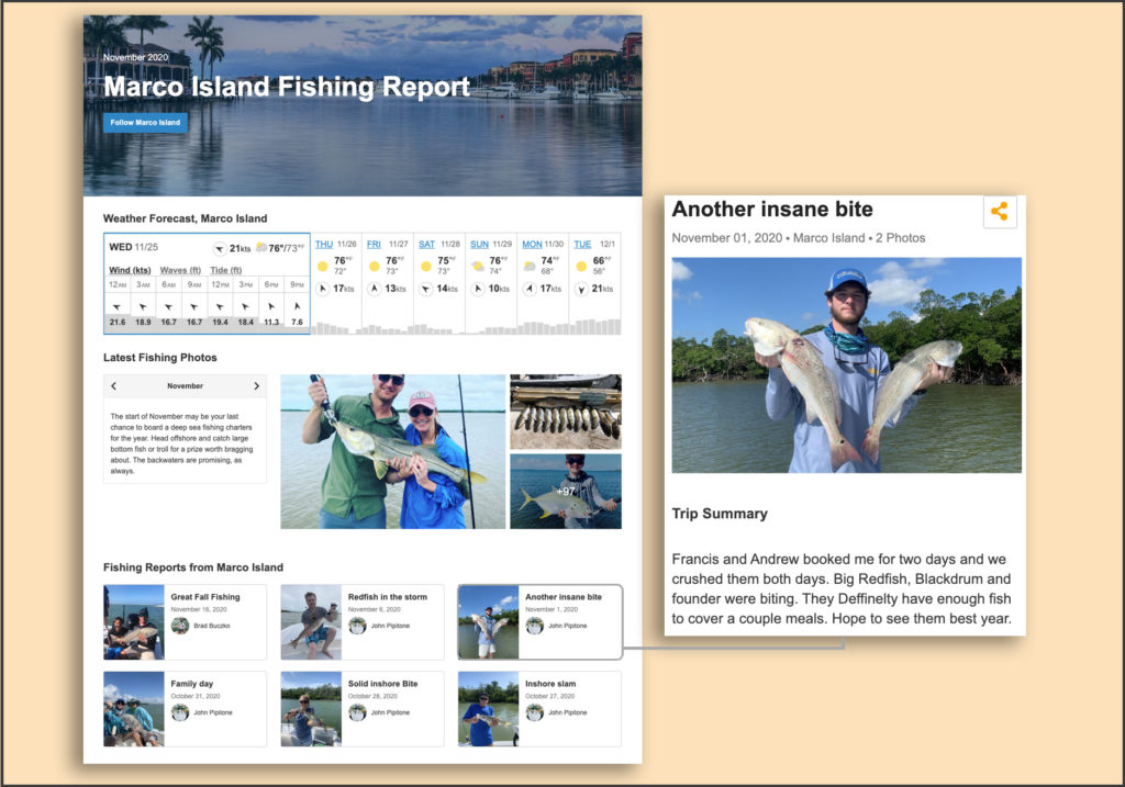 A screenshot of Marco Island Fishing Report page on FishingBooker against a yellow background