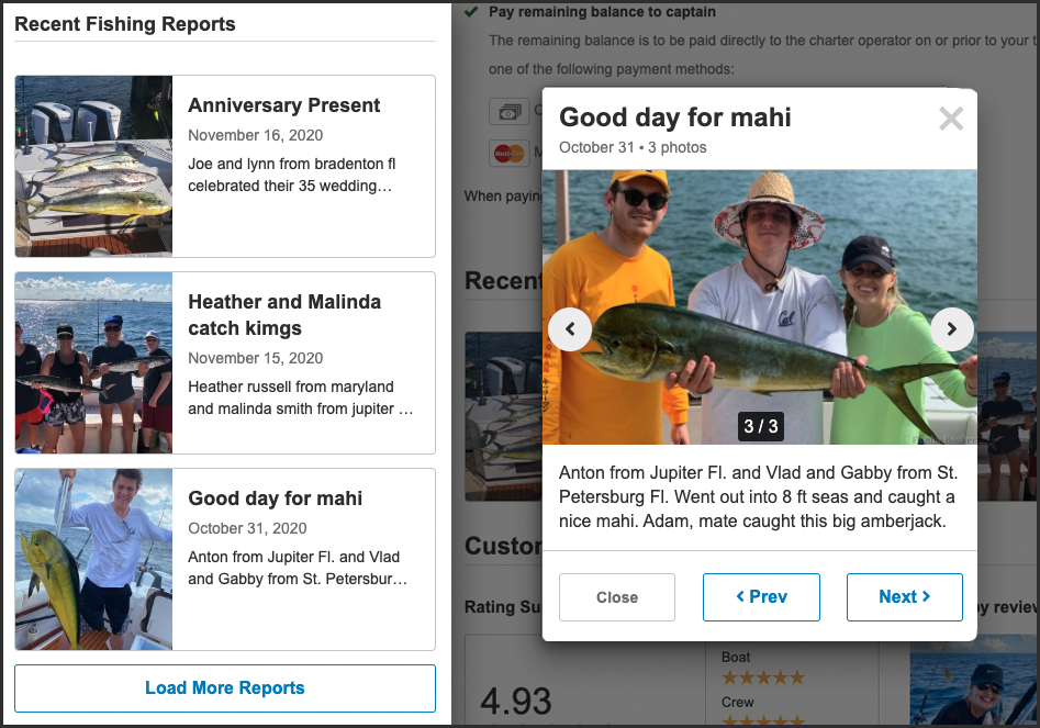 A screenshot of a fishing reports page on FishingBooker showing reports posted regularly