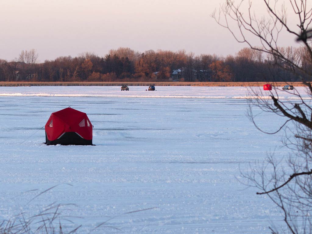 An ice fishing tent on Red Lake, one of the best ice fishing destinations in the US