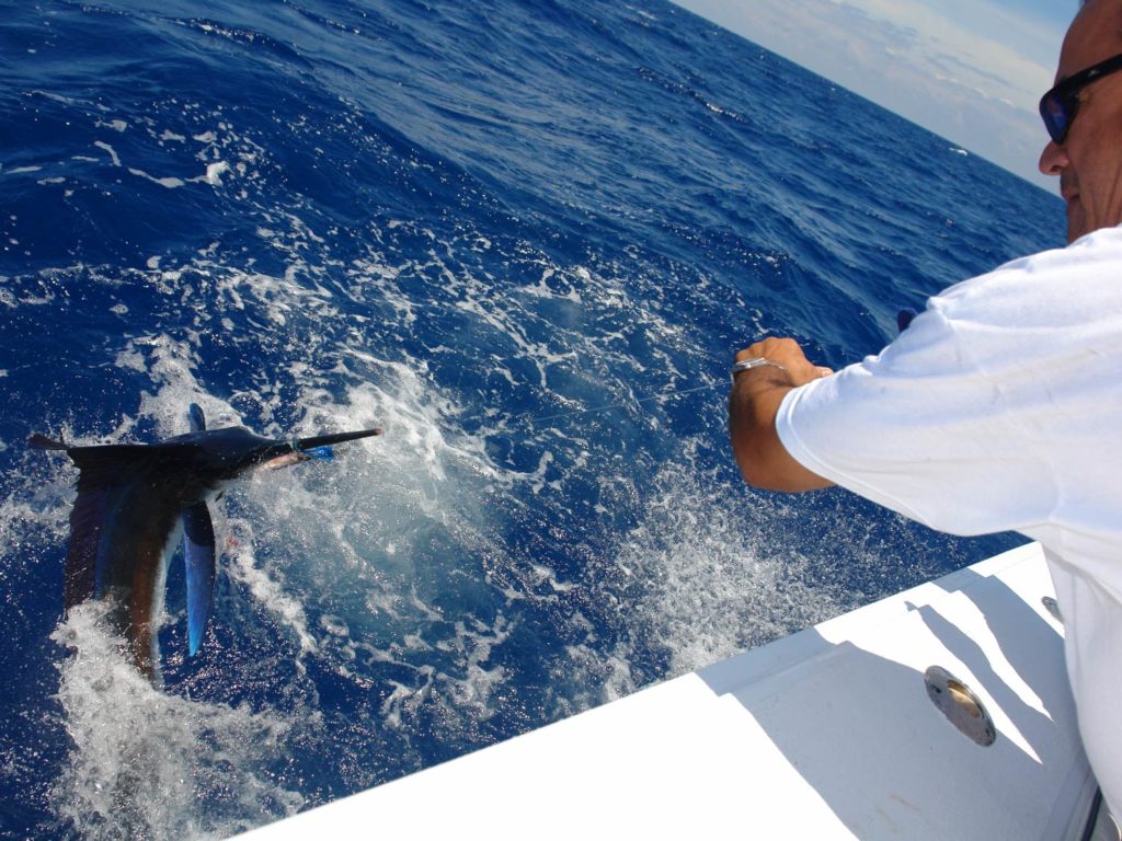 An angler holding a fishing line on the side of a boat, with a Marlin at the end of it, just peeking out of the water