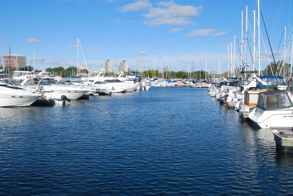 Charter boats docked in a harbor in Chicago