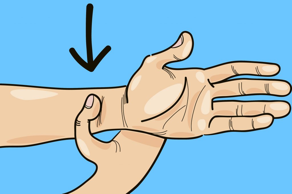 Ein gezeichnetes Diagramm, das zeigt, wie Seekrankheit mit Akupressur verhindert werden kann. Es zeigt einen Arm, an dem ein Druckpunkt direkt &uuml;ber dem Handgelenk massiert wird.