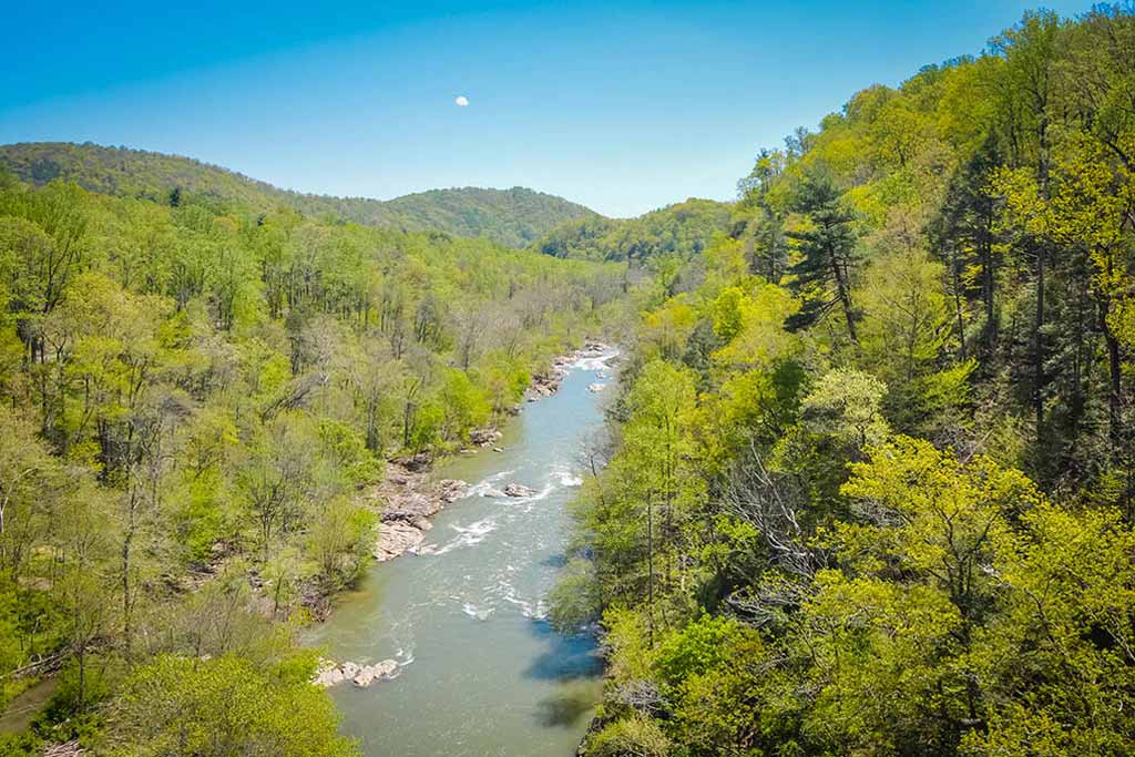 An aerial view of the Roanoke River in Virginia, a popular spring fishing spot, with lush forest trees surrounding it.