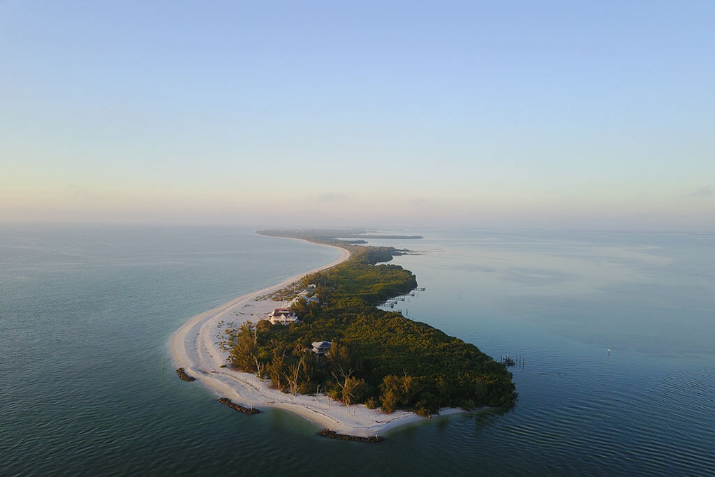 An aerial view of North Captiva Island in Florida, one of America's top spring fishing spots, connected to Sanibel Island.