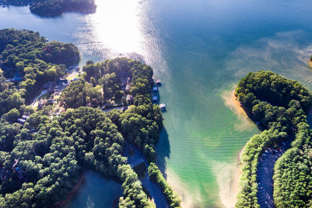 An aerial view of Lake Lanier showing boats, water, and greenery on a sunny day