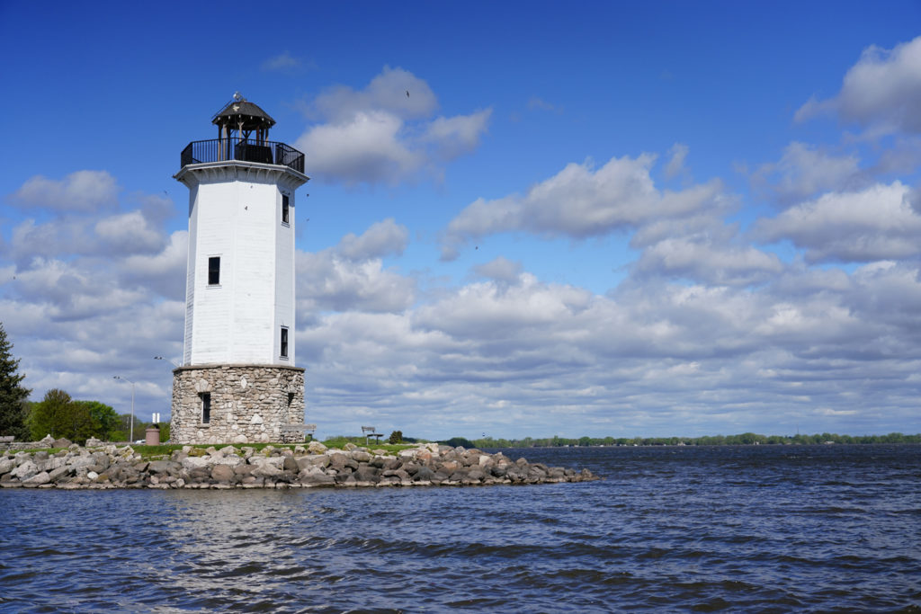 A view of Fond du Lac lighthouse with lake Winnebago in the foreground