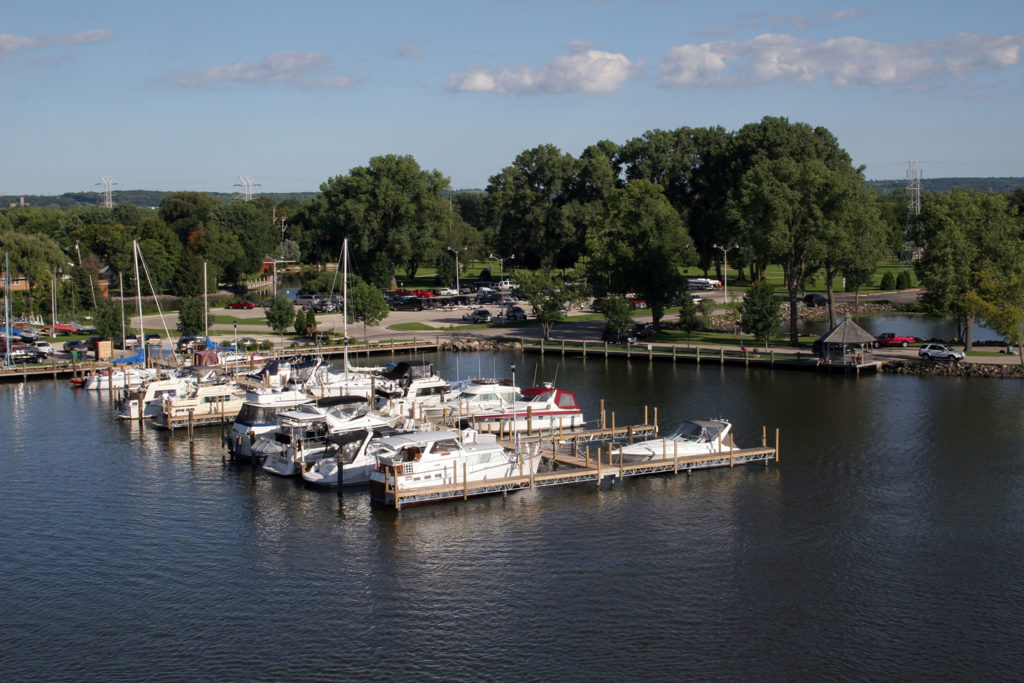 Boats docked at a marina along Lake Winnebago in Fond du Lac