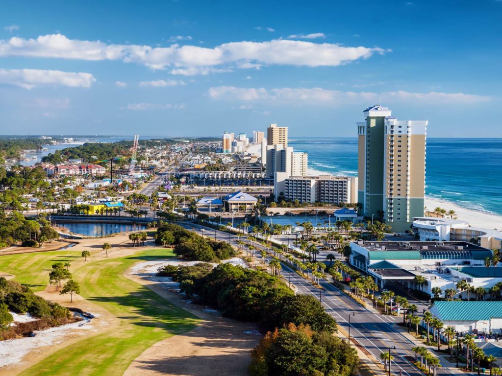 An aerial view of Panama City Beach on a sunny day.